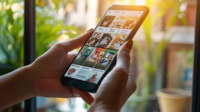  A close-up shot of a woman's hands holding a smartphone, showcasing a vibrant Instagram feed filled with captivating content.