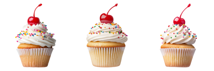 Delightful Cupcakes Topped with Cherries and Sprinkles on Transparent Background