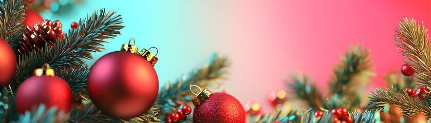 A vibrant holiday frame with 3D red ornaments and green pine on a bright background