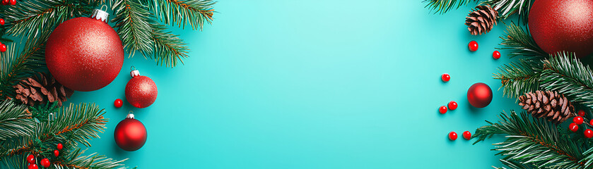 Obraz premium A vibrant holiday frame with 3D red ornaments and green pine on a bright background