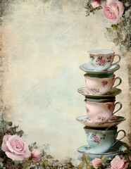 Pastel-colored stacked teacups with floral accents and vintage style
