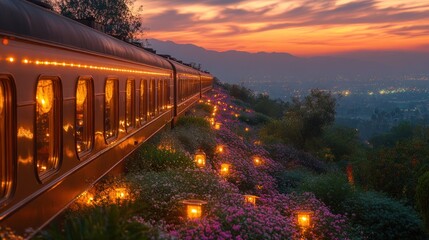 Fototapeta premium Scenic train journey through vibrant flowers at sunset.