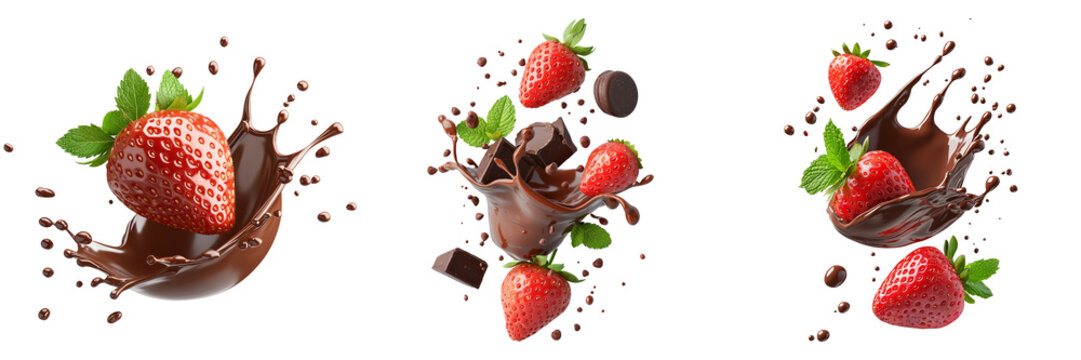 Delicious Strawberries and Chocolate Splashing on Transparent Background