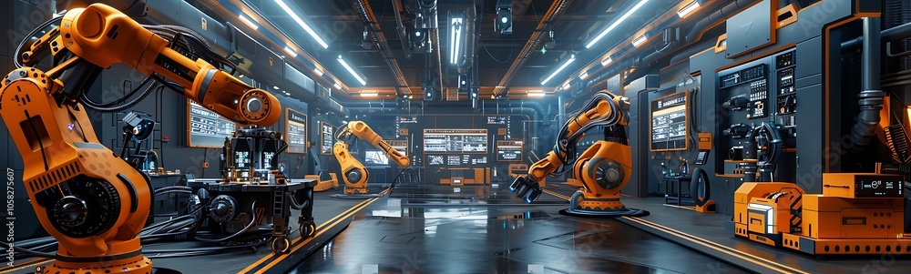 Poster a futuristic industrial scene featuring robotic arms in a high-tech factory environment, illuminated