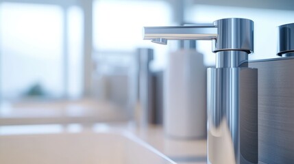 Close-up of a Silver Soap Dispenser in a Modern Bathroom