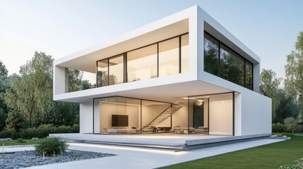 Modern architectural design featuring a sleek, minimalist house with large glass windows.