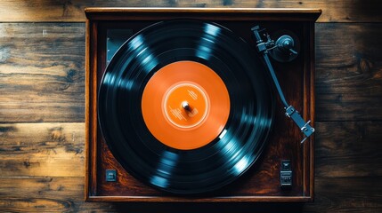 Photography of a vintage record player with a vinyl record, taken from a top-down perspective