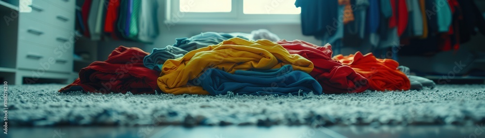 Poster a pile of clothes on the floor with a window in the background