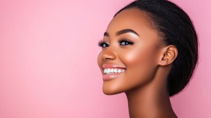 Fototapeta premium A smiling woman with a radiant complexion against a pink backdrop.