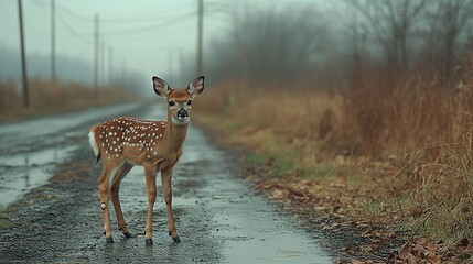 White-tailed deer fawn and hind walking on a natural trail in a serene forest setting
