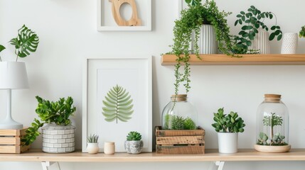 Retro-style shelfie featuring white frame, plants, wooden boxes, glass garden, and chic lamp.