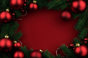 Christmas-themed red background surrounded by pine branches and glossy red baubles