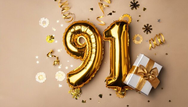Number 91 birthday balloon celebration gift box lay flat explosion