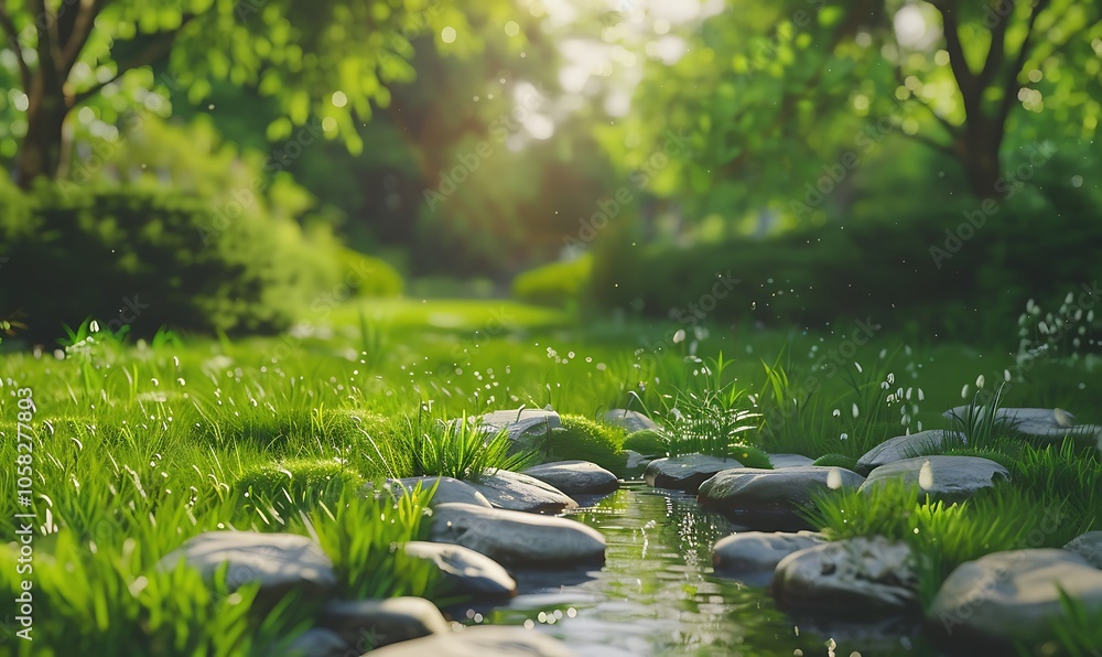 Poster a tranquil scene showing a stream with smooth stones surrounded by lush green grass and trees, illum