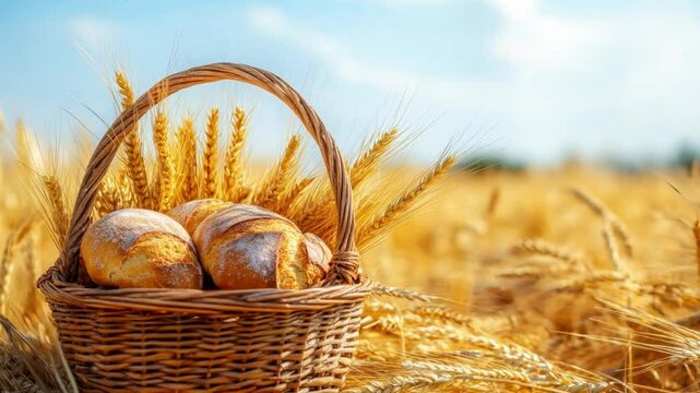 Freshly baked bread in a wicker basket amidst golden wheat fields on a sunny day