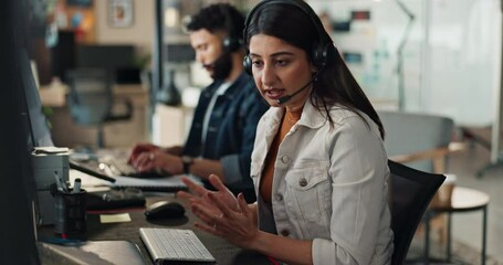 Telemarketing, headphones and business people with call center, conversation and help desk. Headphones, employees and consulting agency with customer support, friendly service or talking in office