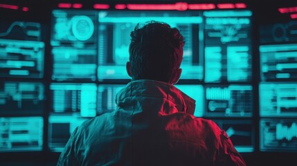 A silhouette of a person in a hooded jacket, intently observing vibrant digital screens filled with data and analytics in a dark environment.