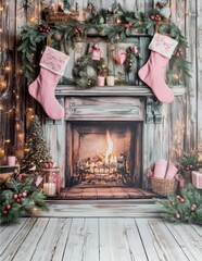 Rustic Christmas fireplace with pink stockings and festive greenery
