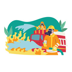 Two firefighters fighting fire with water hose.