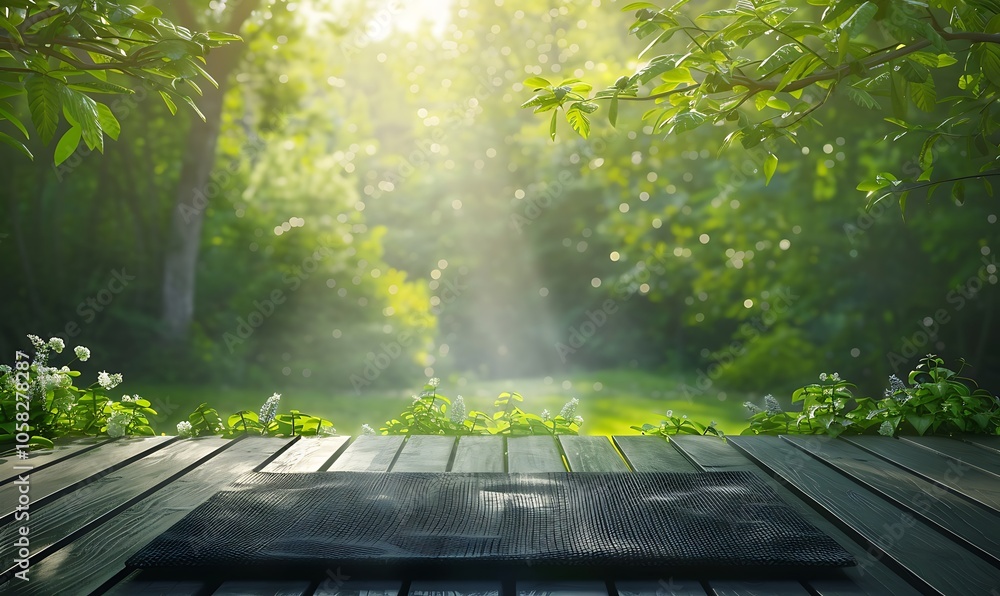 Poster A tranquil forest scene with soft sunlight filtering through lush greenery, illuminating a wooden platform adorned with intricate patterns.