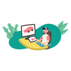 Creative individual designing a custom pink car using headphones on a computer. Perfect for automotive design and music enthusiasts.