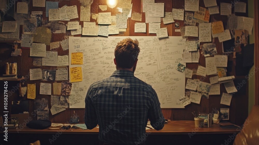Poster a man stands in front of a corkboard covered in notes and sticky notes, looking at a whiteboard cove