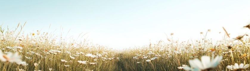 Fototapeta premium A serene field of flowers under a clear blue sky, evoking peace and natural beauty.