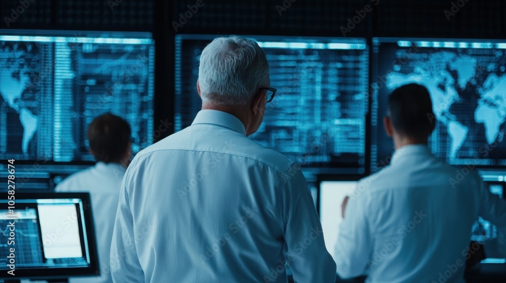 Poster a group of professionals in white shirts analyze data on large screens in a modern, tech-driven envi