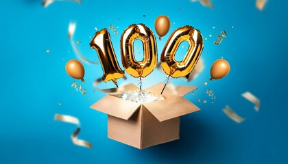 Number 100 birthday balloon celebration gift box lay flat explosion