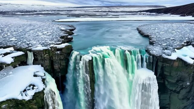 Aerial drone view of the majestic Godafoss waterfall in North Iceland on a frigid winter day, showcasing the famous landmark amid an untouched arctic landscape