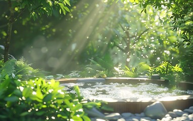 Fototapeta premium A tranquil garden scene with sunlight streaming through lush greenery, illuminating a serene water feature surrounded by stones and plants.