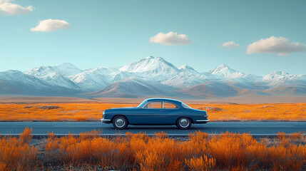 Fototapeta premium A dark blue car drives on a road with tall, golden grass, mountains in the background with snow