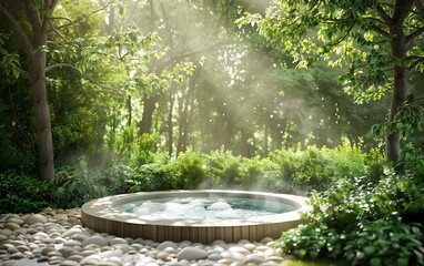 A serene hot tub nestled in a lush, sunlit forest, surrounded by greenery and stones, creating a peaceful, tranquil atmosphere.