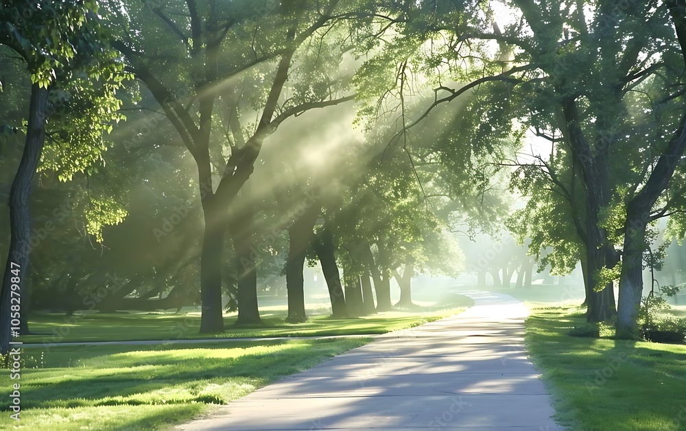 Poster a serene pathway through a sunlit forest, surrounded by lush trees and gentle rays of light breaking