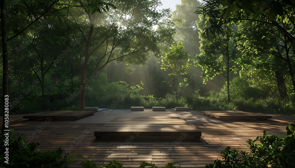Aufkleber A serene forest scene bathed in sunlight, featuring a wooden platform surrounded by lush greenery and soft beams of light filtering through the trees.