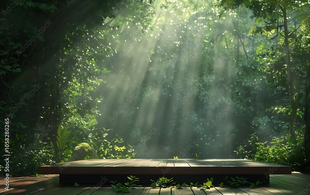 Poster a serene forest scene with sunlight filtering through trees, illuminating a wooden platform, creatin