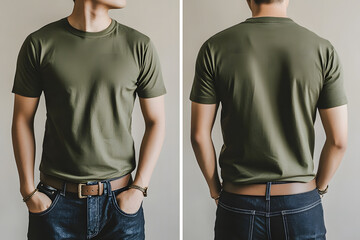 Mockup of man in plain green army t-shirt from front and back views, hands in pockets