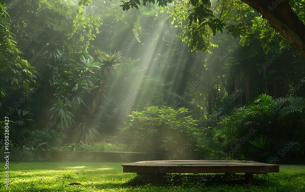 Poster a serene forest scene with dappled sunlight filtering through lush greenery, highlighting a tranquil