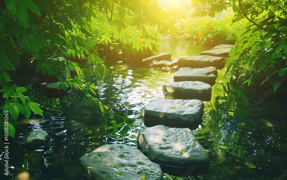 Poster a serene path of stepping stones leads through lush greenery beside a sparkling stream, illuminated 
