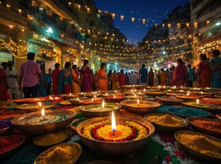 The joy of Diwali expressed through the bright lights of diyas and the colorful rangoli patterns
