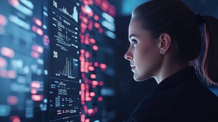A focused woman analyzes data on a digital screen, illuminated by glowing charts and graphs in a high-tech environment.