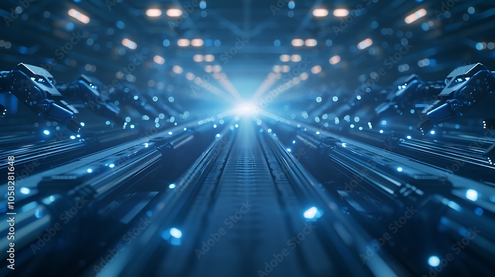 Poster a futuristic pathway illuminated by blue lights, leading to a bright center, suggests advanced techn