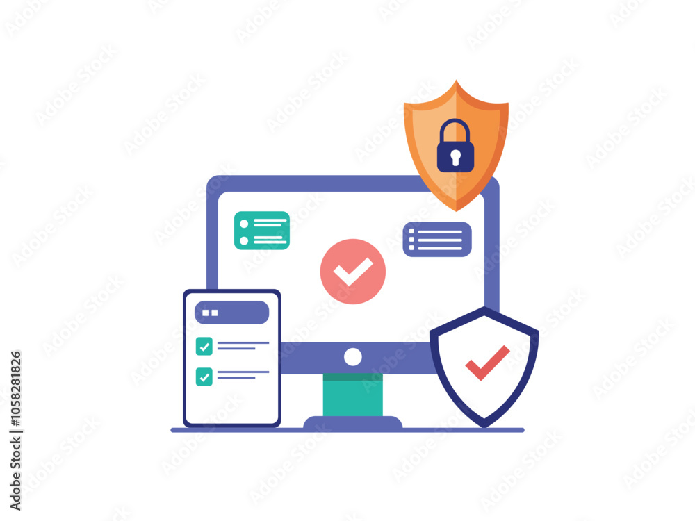 Poster vector illustration of cybersecurity and data protection concept, featuring a computer monitor, shie