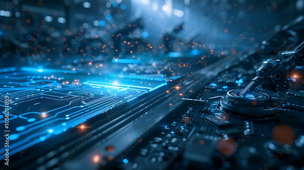 Fototapete a close-up view of a futuristic circuit board with glowing blue lines and intricate details, represe