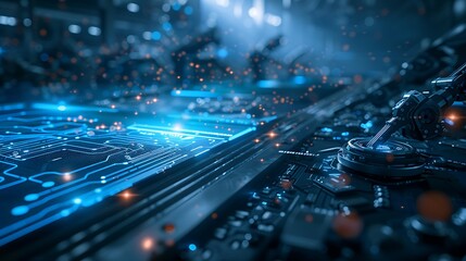 A close-up view of a futuristic circuit board with glowing blue lines and intricate details, representing advanced technology and electronics.