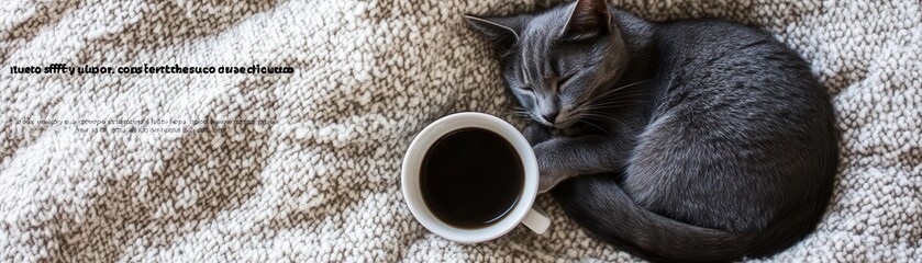 A cozy scene featuring a grey cat sleeping next to a coffee cup on a soft blanket, perfect for relaxation and comfort.
