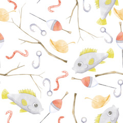 Watercolor Seamless Pattern Bare Branches, Fish, Float, Fishing Hook, Yellow Autumn Leaf, Red Worm Bait. Decoration for Printing, Packaging, Postcards, Products, Stories, Websites, Social Networks
