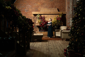 home young cozy celebration tree alone year woman holiday girl new fireplace christmas