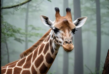 Obraz premium Gentle Giant: A Hyper-Realistic Giraffe Emerging Through a Mystical, Misty Forest. Ai generated image.