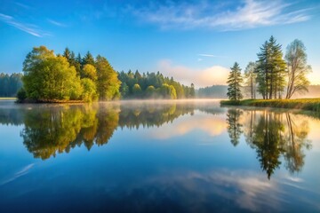 Fototapeta premium A serene and peaceful lake in the early morning, with mist rising from the water's surface and surrounding trees reflected in the calm lake, water, reflection, serenity, outdoors